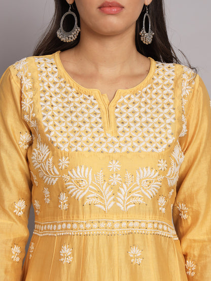 Hand embroidered Chikankari Chanderi Cotton Kurta Set and Dupatta with Mukaish AL3665KS
