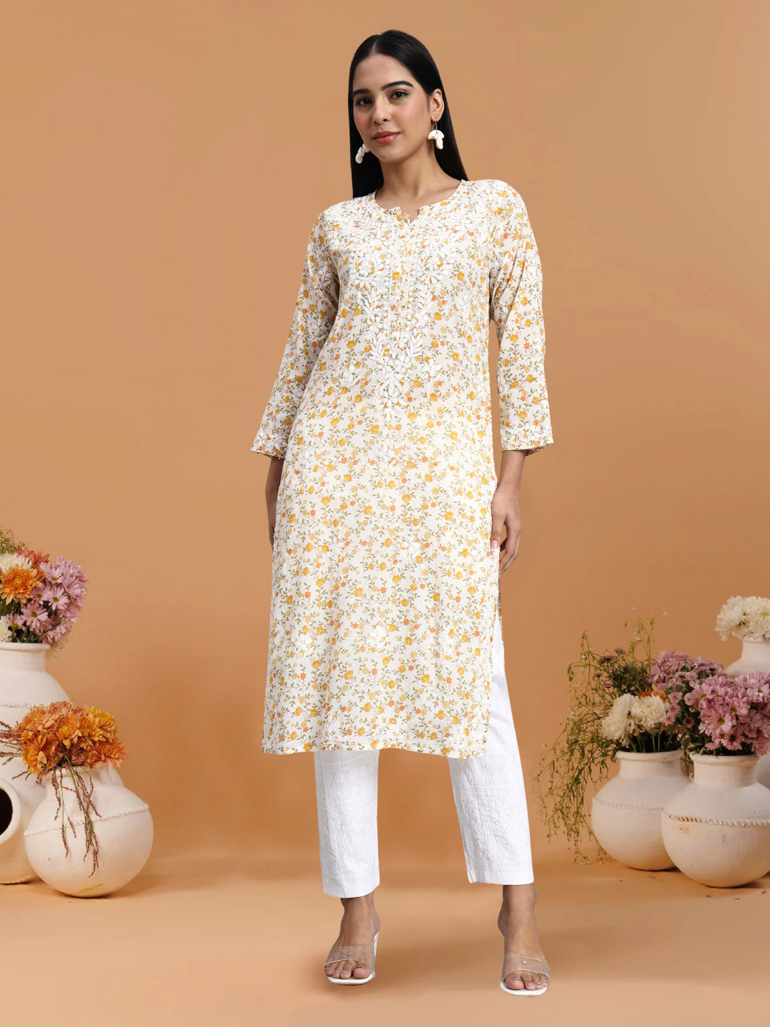 Hand Embroidered Chikankari Cotton Kurta-AL4105 Yellow