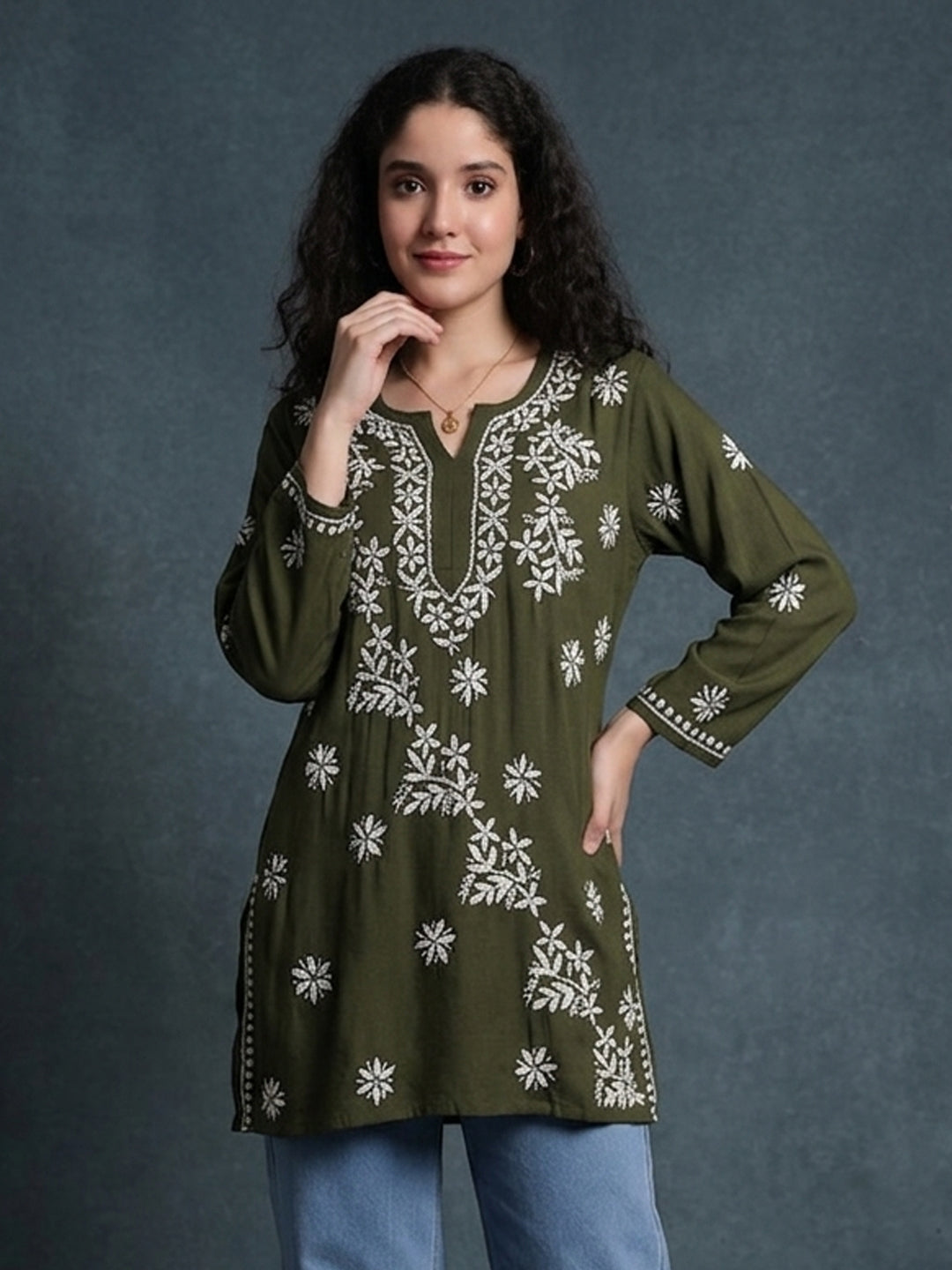 Women Chikankari Hand Embroidered Rayon Kurti -AL4071 Olive