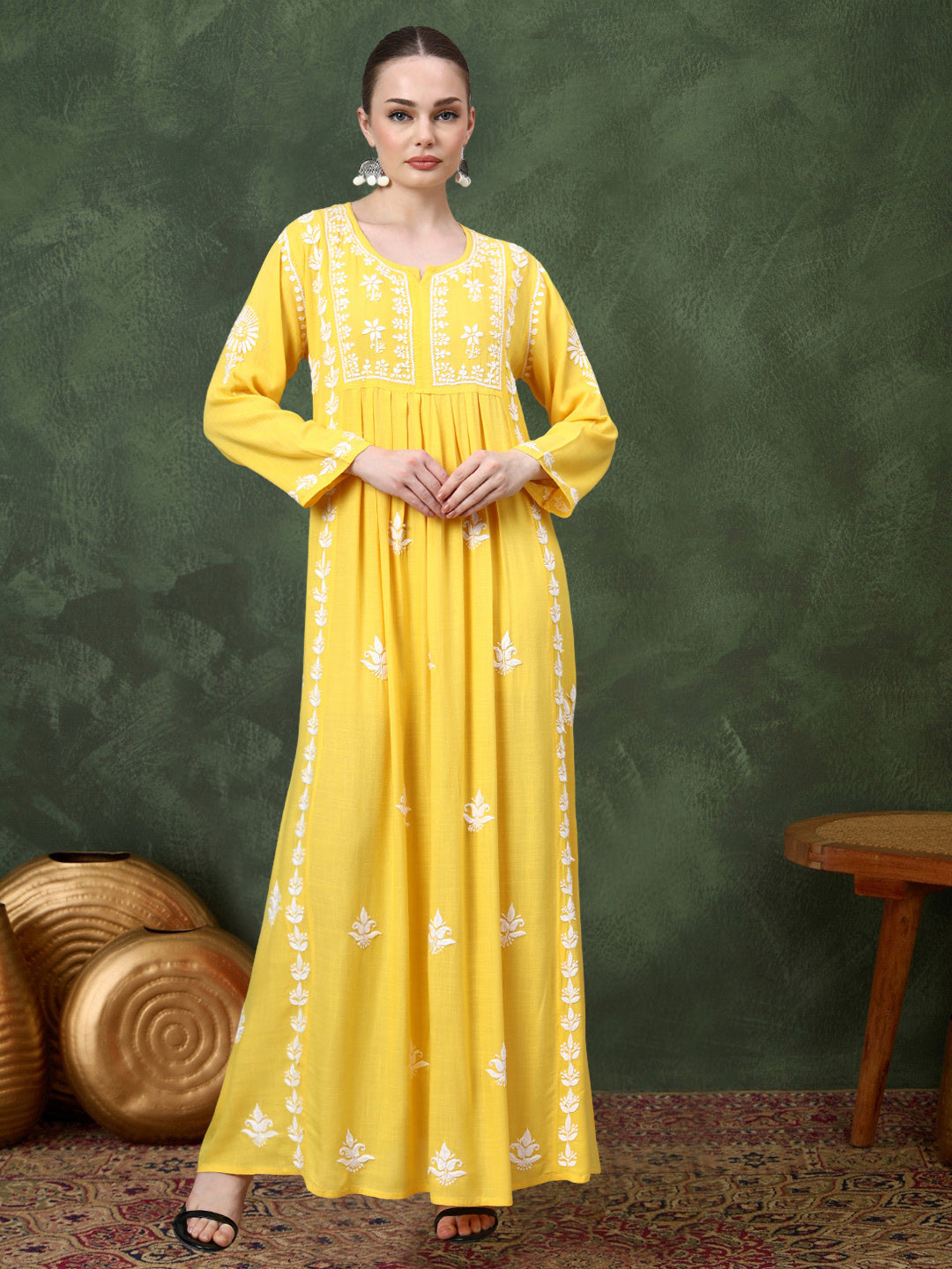 Hand Embroidered Chikankari Rayon Jalabiya-AL4121 Yellow