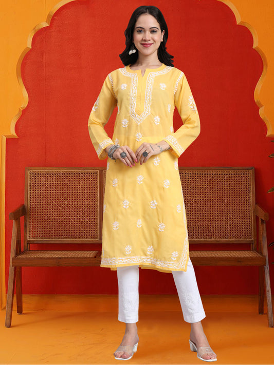 Women Hand Embroidered Chikankari Cotton Kurta-AL3999 Yellow