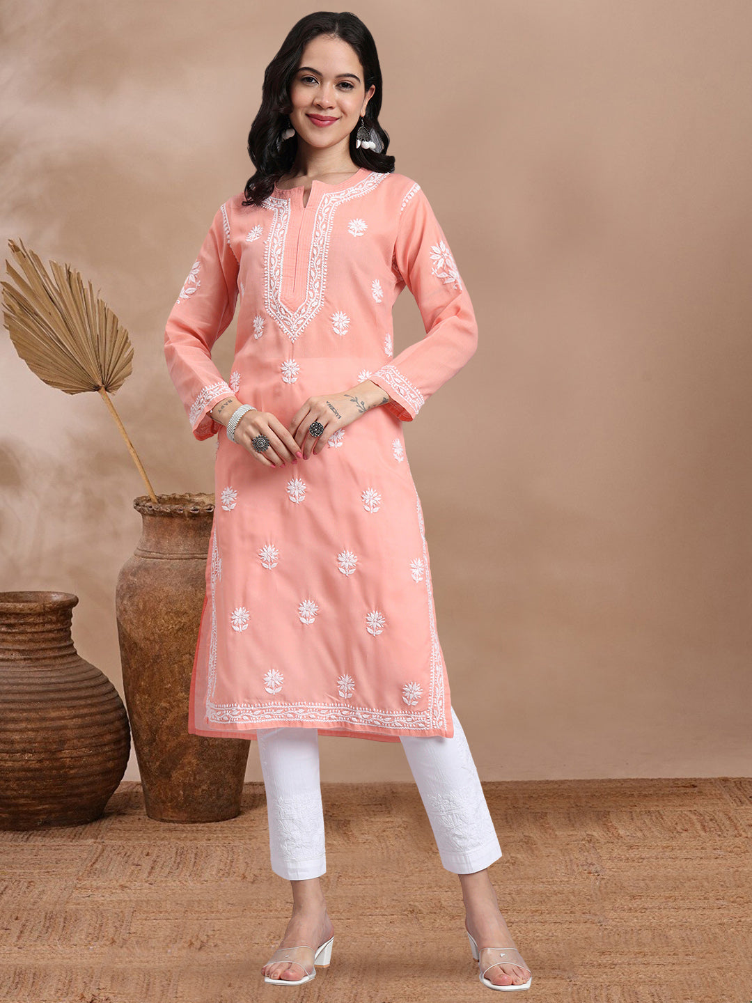 Women Hand Embroidered Chikankari Cotton Kurta-AL3999 Peach