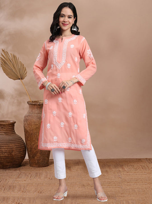 Women Hand Embroidered Chikankari Cotton Kurta-AL3999 Peach