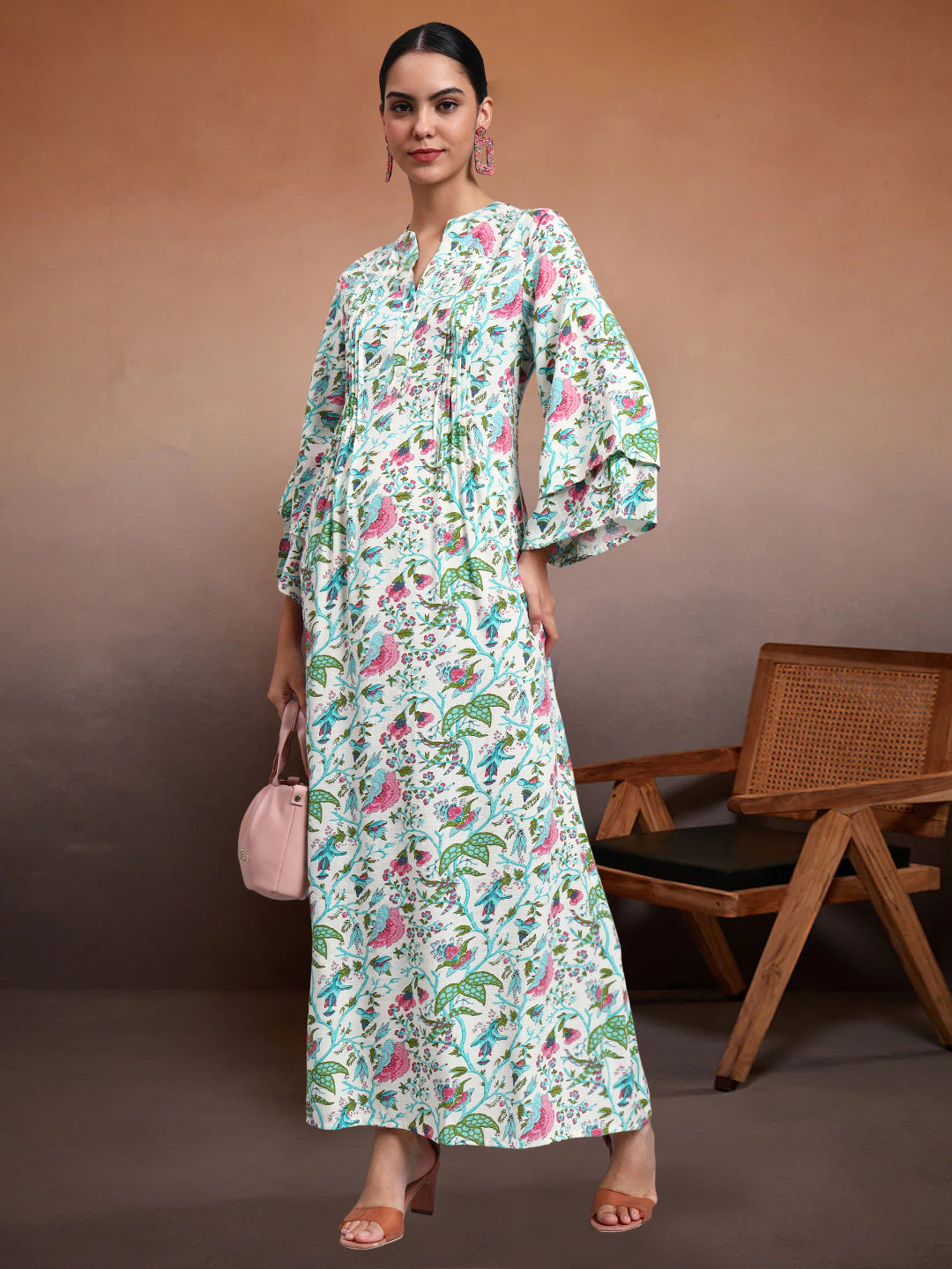 Women Floral Printed Rayon Jalabiya with Flared Sleeves-AL4005A Seagreen