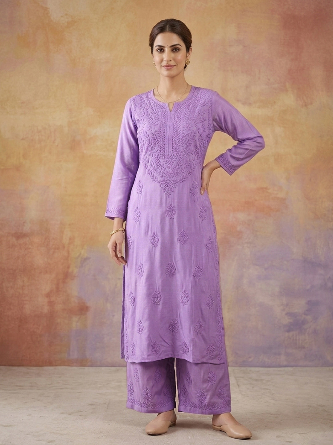 Women Hand Embroidered Chikankari Muslin Kurta Set-AL4118KS Mauve