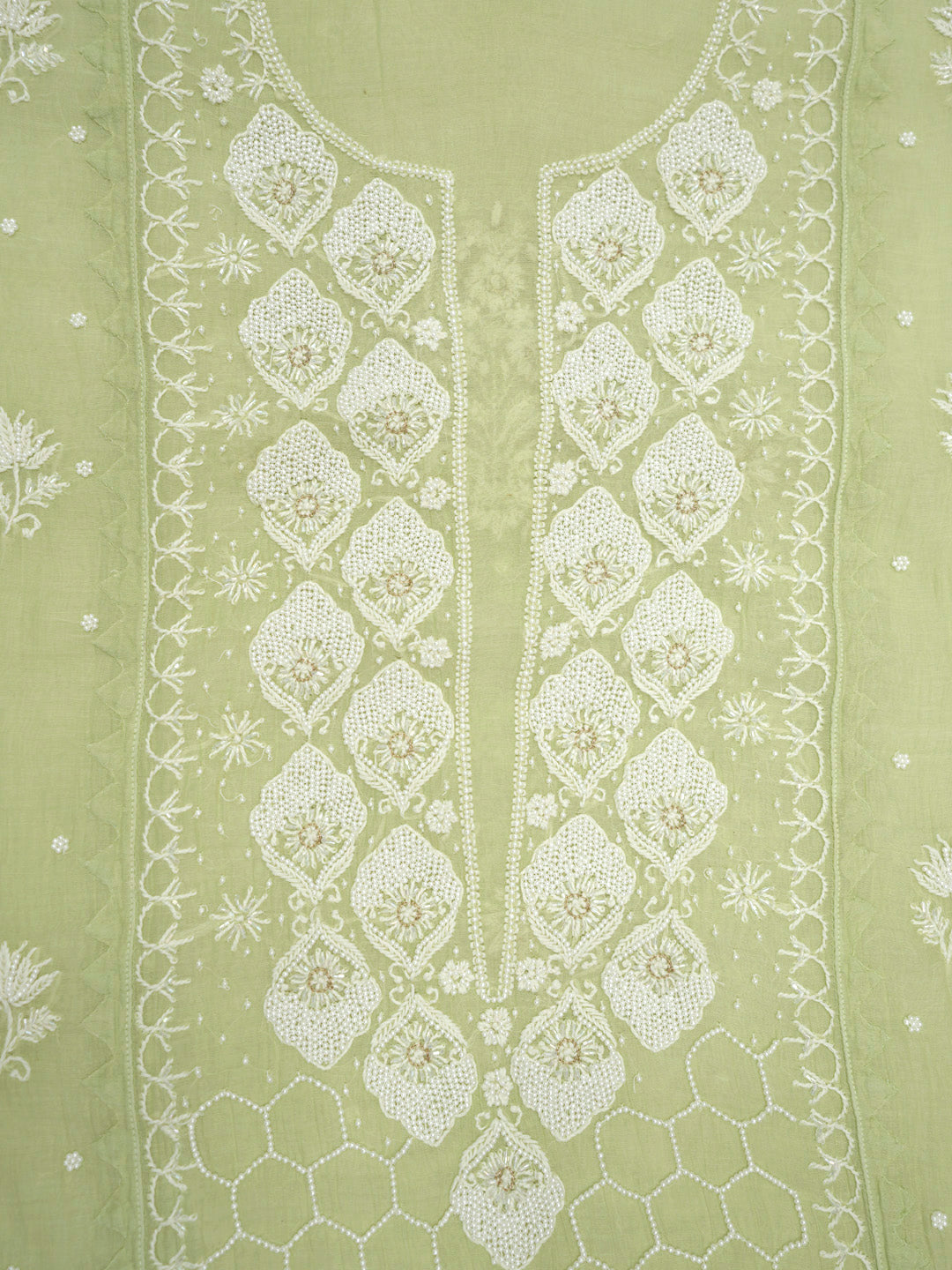 Women Hand Embroidered Premium Chikankari Mul Chanderi Unstitched Kurta Dupatta Bottom Set-ALSCA85201FS Mint