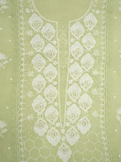 Women Hand Embroidered Premium Chikankari Mul Chanderi Unstitched Kurta Dupatta Bottom Set-ALSCA85201FS Mint