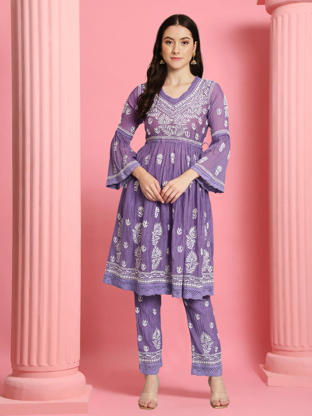 Hand Embroidered Chikankari Chanderi Cotton Frock Style Kurta Pant-AL3661KS