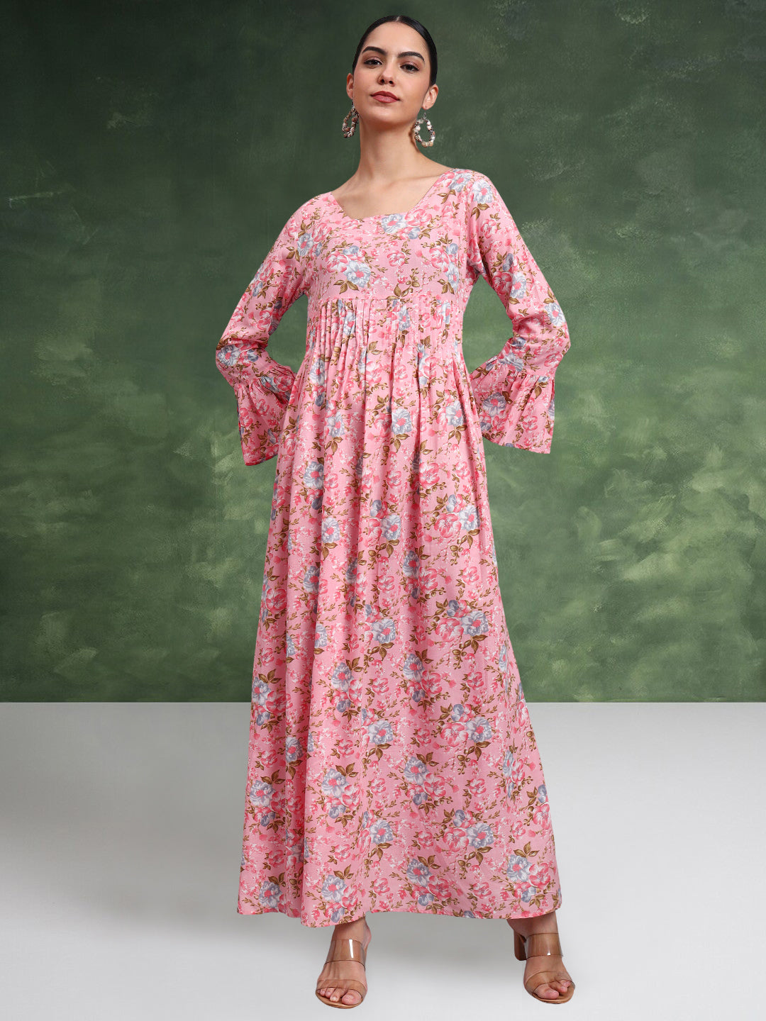 Women Green Floral Printed Cotton Jalabiya with Flared Sleeves & Round Neckline-AL4045 Peach