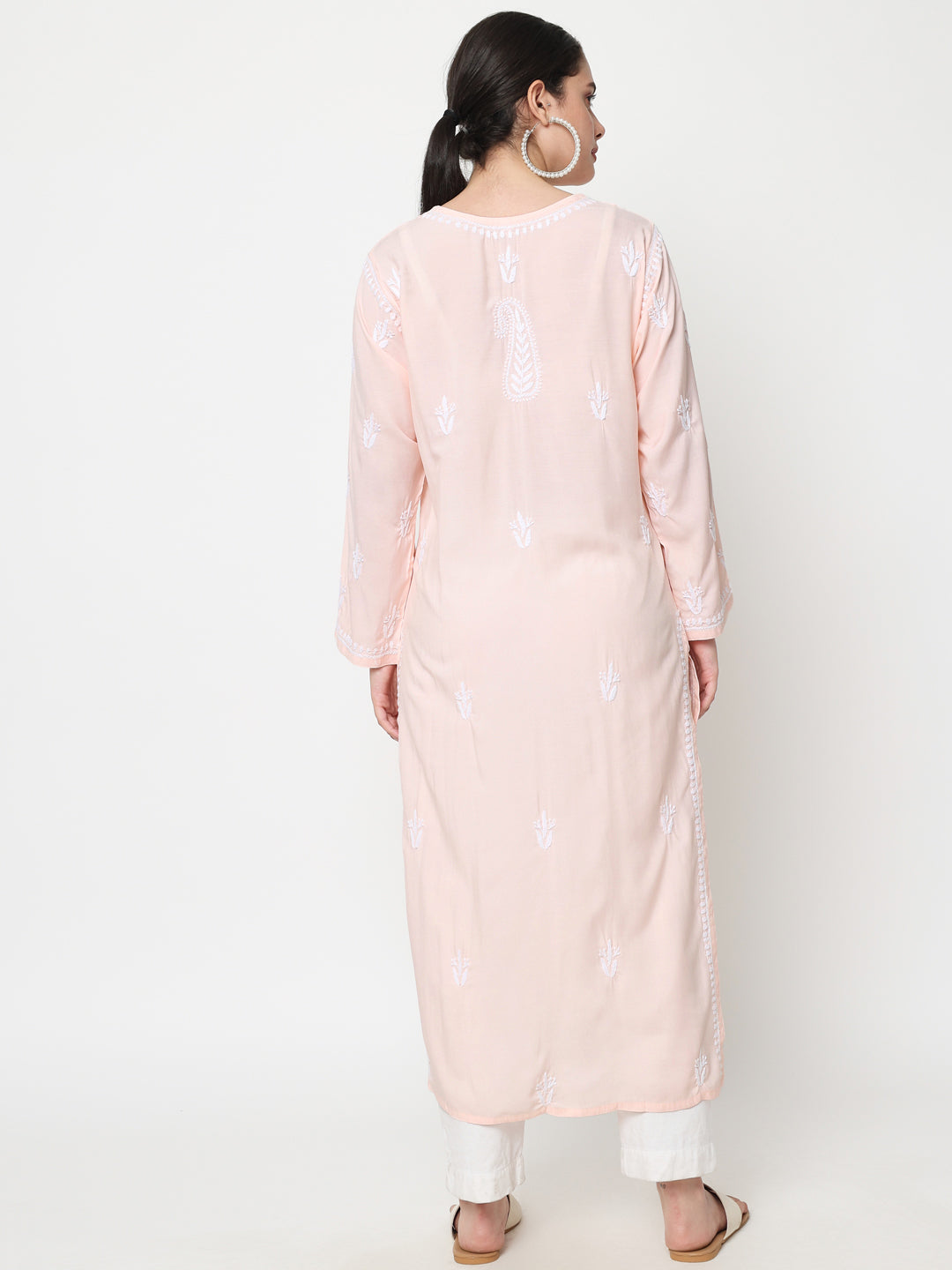 Women Hand Embroidered Chikankari Modal Kurta-AL3584 Peach