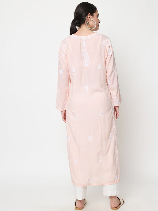 Women Hand Embroidered Chikankari Cotton Kurta-AL3584 Peach