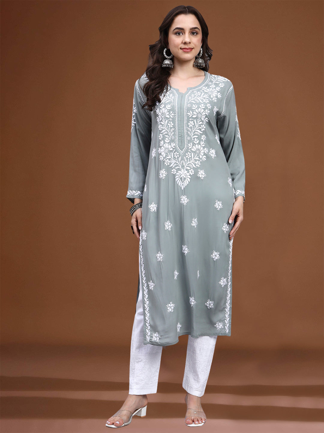 Women Hand Embroidered Chikankari Modal Kurta-AL4059 Light Grey