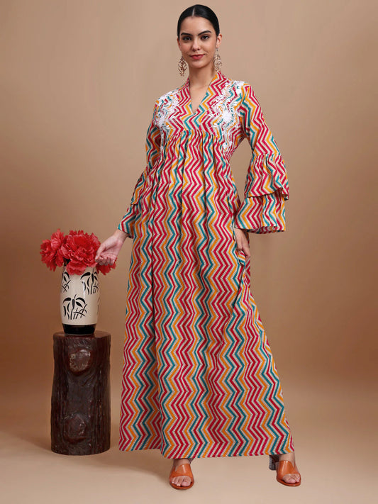 Women Embroided Mul Printed Cotton Jalabiya-AL4098A Magenta
