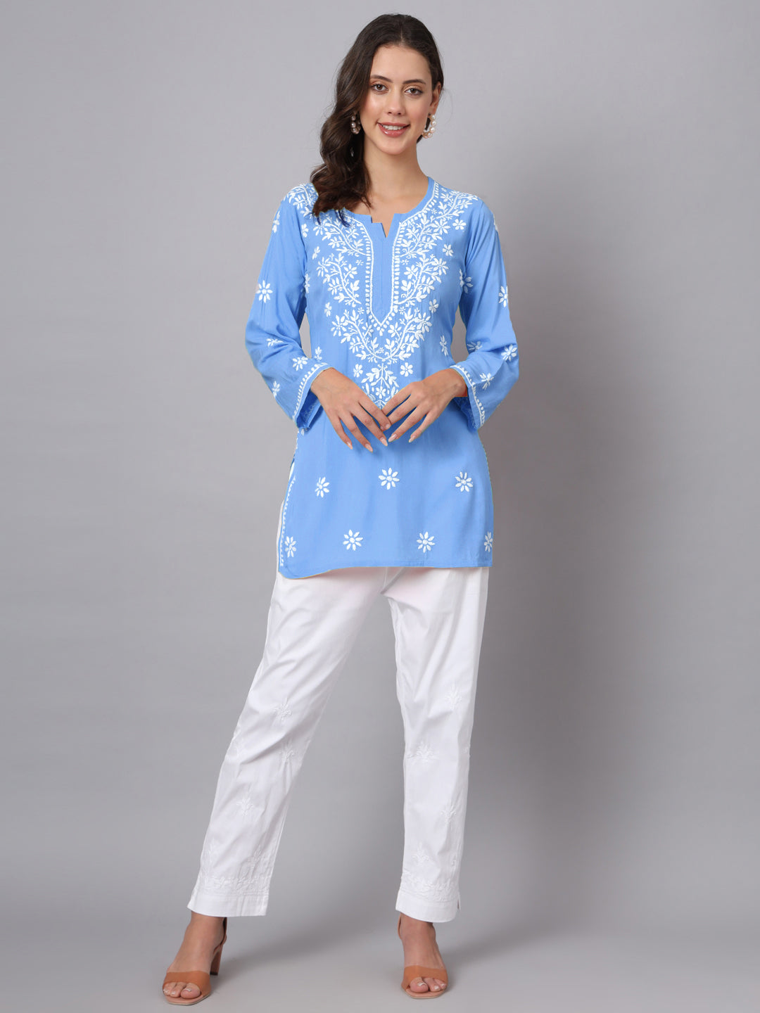 Women Hand Embroidered Modal Chikankari Kurti-AL3611 Powder Blue