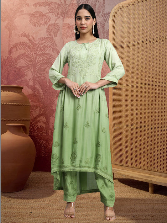 Women Hand Embroidered Chikankari Muslin Kurta Set-AL4101KS Green