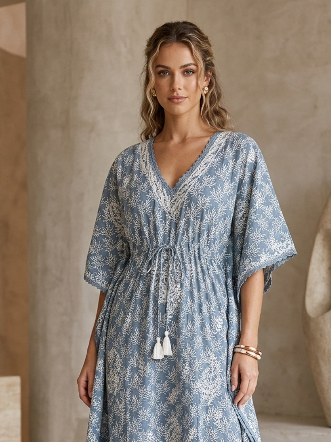 Hand Embroidered Chikankari Cotton Kaftan-AL3833 New Grey