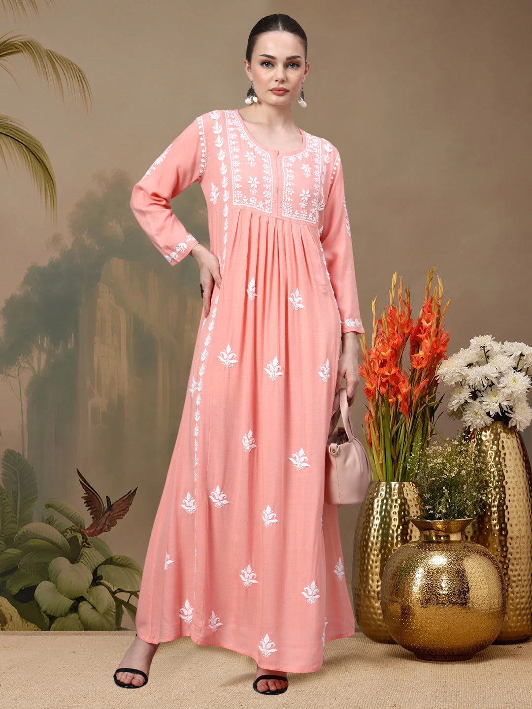 Hand Embroidered Chikankari Rayon Jalabiya-AL4121 Peach