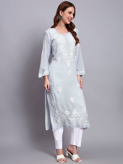 Hand Embroidered Chikankari Modal Straight Kurta-AL3683 Teal