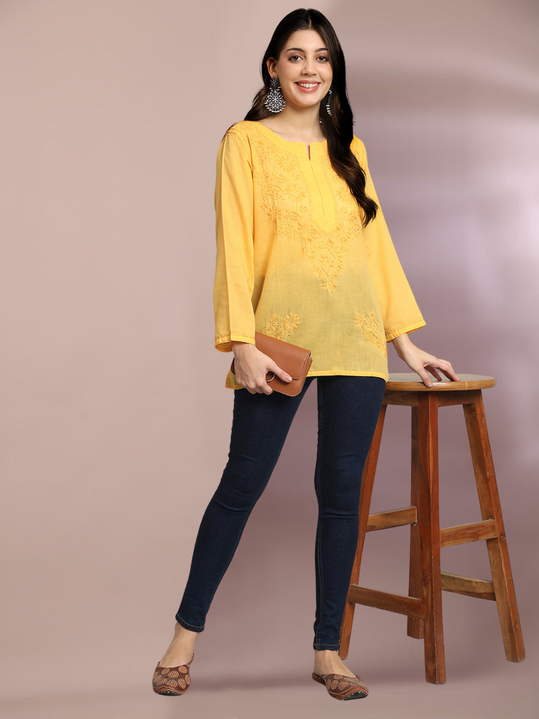 Hand Embroidered Chikankari Cotton Straight Kurti-AL3405 Yellow