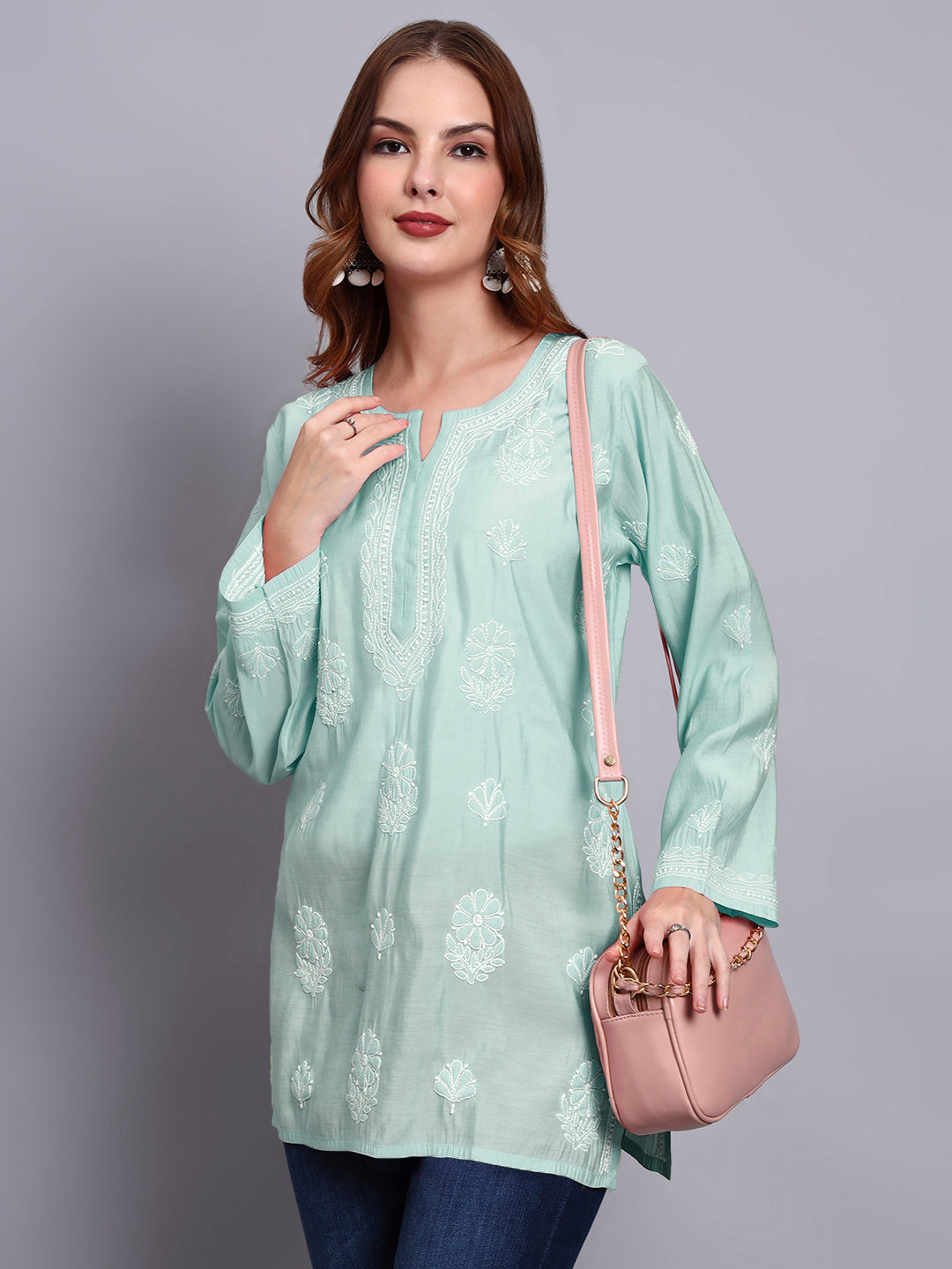 Women Hand Embroidered Chikankari Chanderi Short Kurti-AL4090 Sea Green
