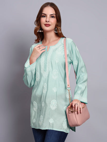 Women Hand Embroidered Chikankari Chanderi Short Kurti-AL4090 Sea Green
