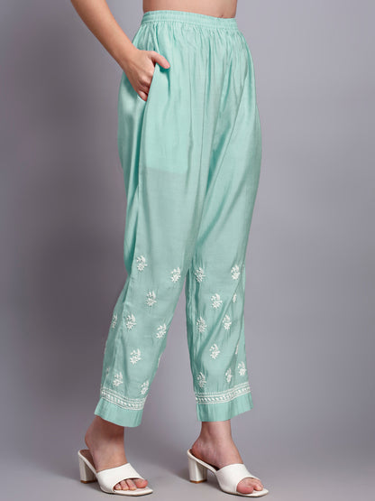 Women Hand Embroidered Chikankari Chanderi Kurta Set-AL4089KS Sea Green