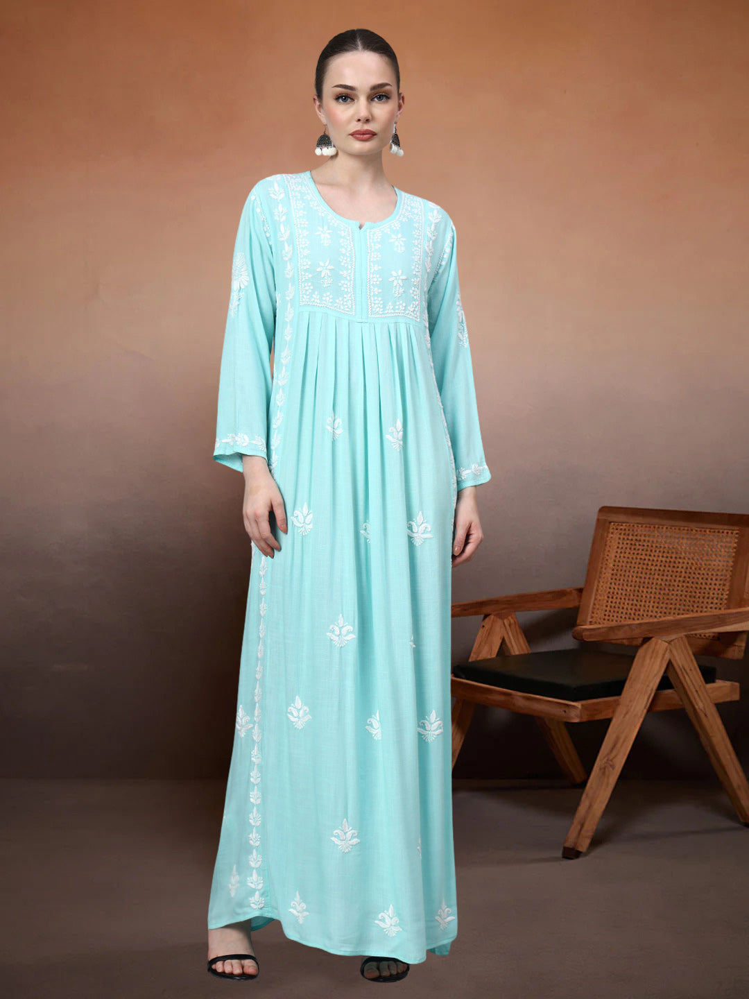 Hand Embroidered Chikankari Rayon Jalabiya-AL4121 Seagreen