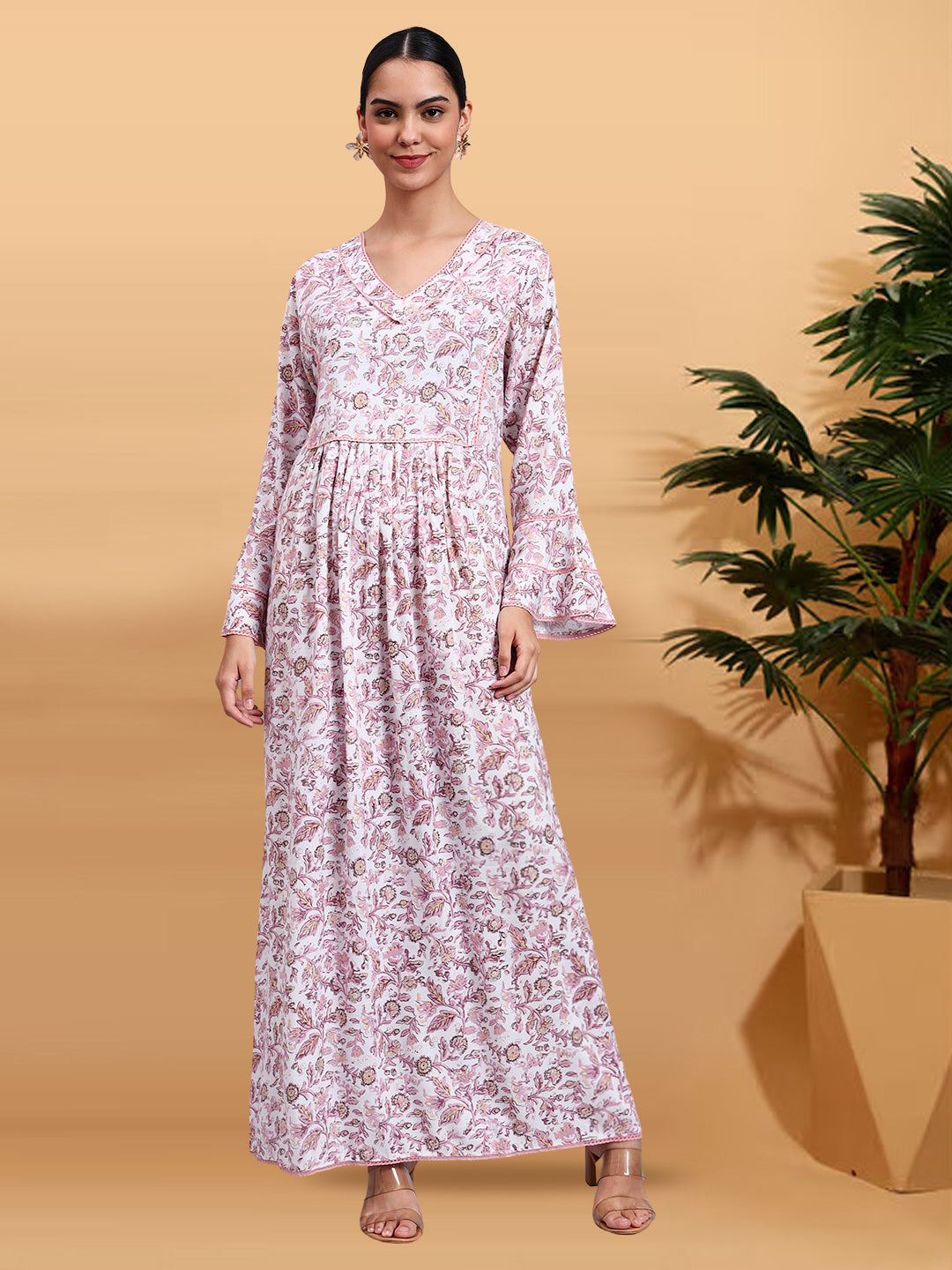 Women Floral Printed Rayon Jalabiya with Flared Sleeves & V-Neckline-AL4011 Dustypink