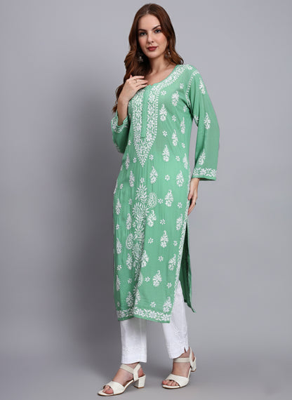 Women Hand Embroidered Chikankari Modal Straight Kurta-AL4042 Mint