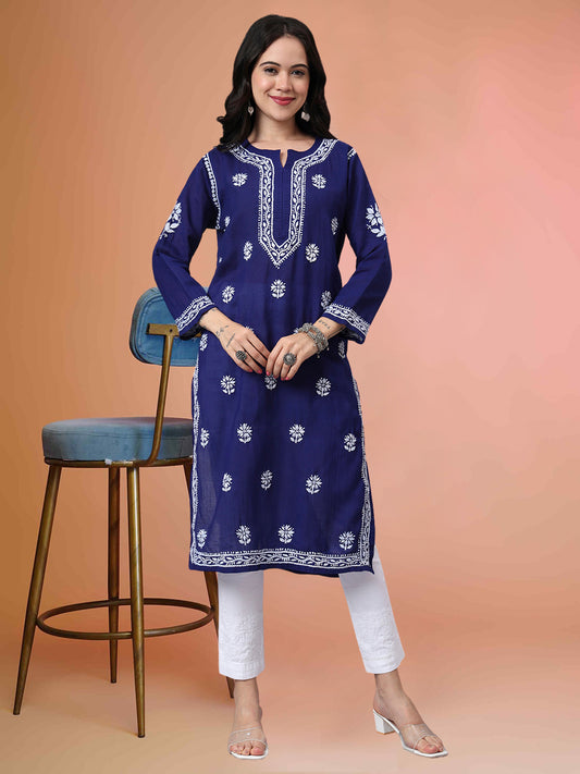 Women Hand Embroidered Chikankari Cotton Kurta-AL3999 Dark Blue