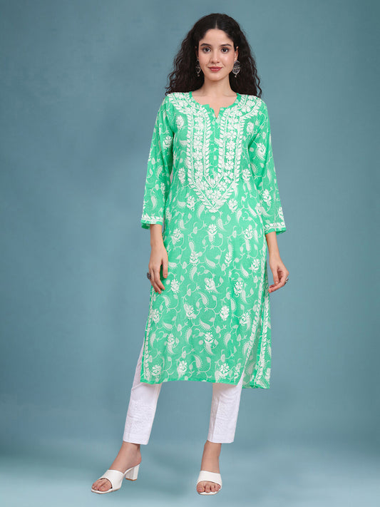Women Hand Embroidered Chikankari Mul Printed Cotton Kurta-AL4072 Sea Green