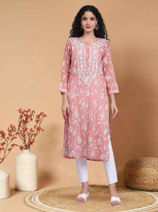 Women Hand Embroidered Chikankari Mul Printed Cotton Kurta-AL4072 Onion Pink