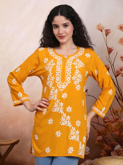 Women Hand Embroidered Chikankari Rayon Short Kurti-AL4071 Mustard