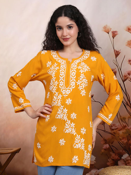 Women Hand Embroidered Chikankari Rayon Short Kurti-AL4071 Mustard