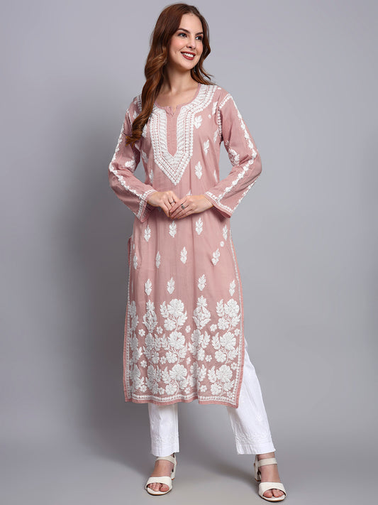 Women Hand Embroidered Chikankari Mulmul Kurti -AL3723 Rust