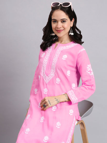 Women Hand Embroidered Chikankari Cotton Kurta-AL3999 Pink