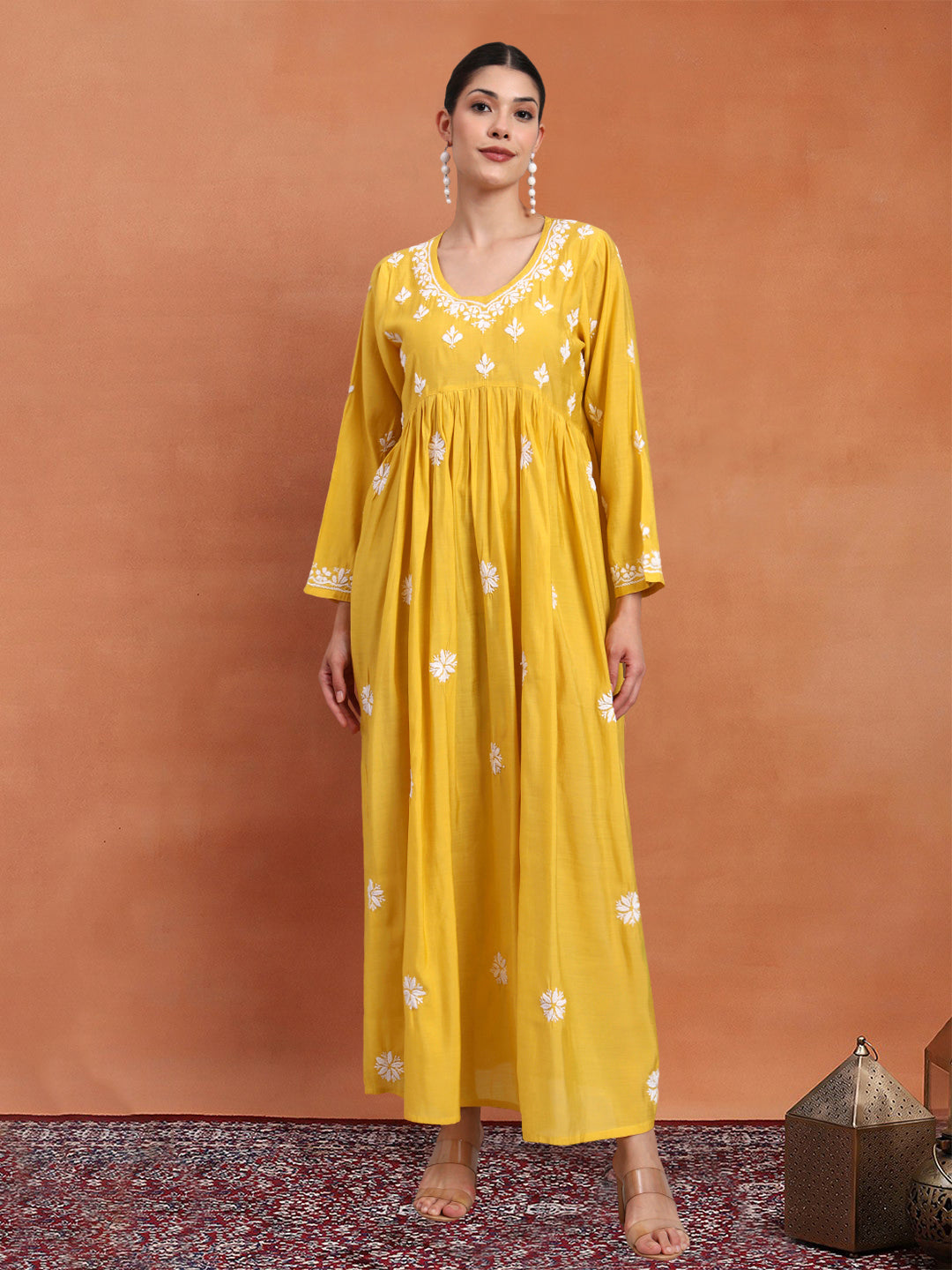 Hand Embroidered Chikankari Chanderi Jalabiya-AL4087 Yellow