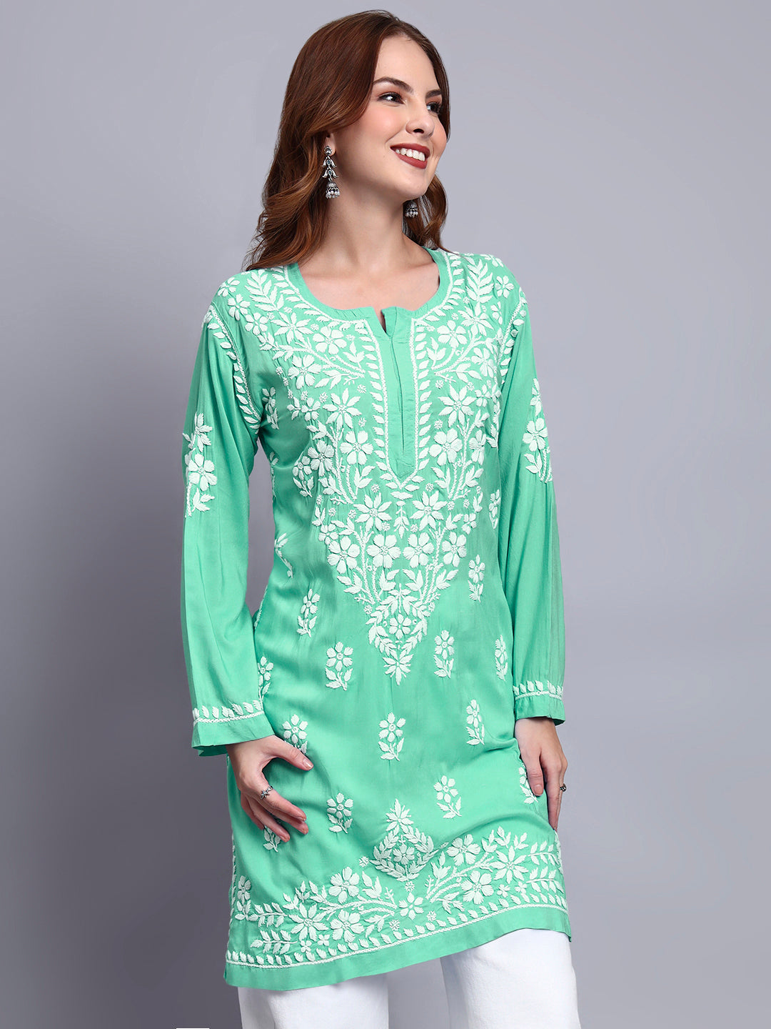Women Hand Embroidered Chikankari Modal Kurti -AL3702 Lightgreen