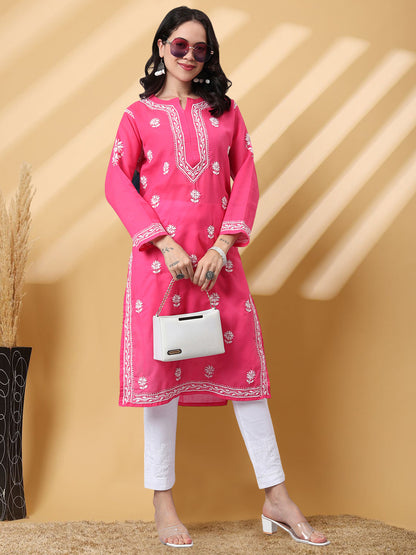 Women Hand Embroidered Chikankari Cotton Kurta-AL3999 Hot Pink