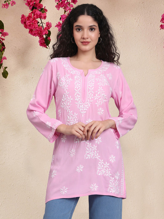 Women Hand Embroidered Chikankari Rayon Short Kurti-AL4071 Pink