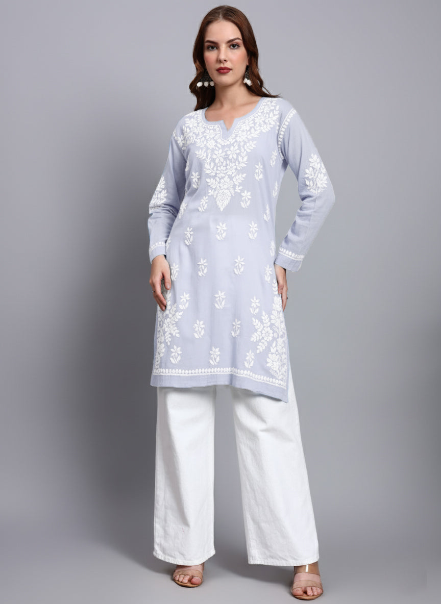 Women Hand Embroidered Chikankari Cotton Kurti -AL3685 Lavender