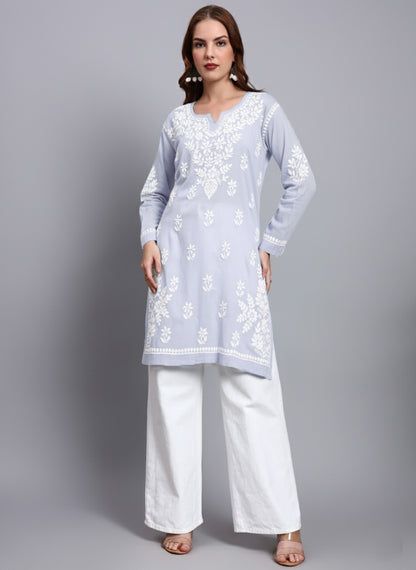 Women Hand Embroidered Chikankari Cotton Kurti -AL3685 Lavender