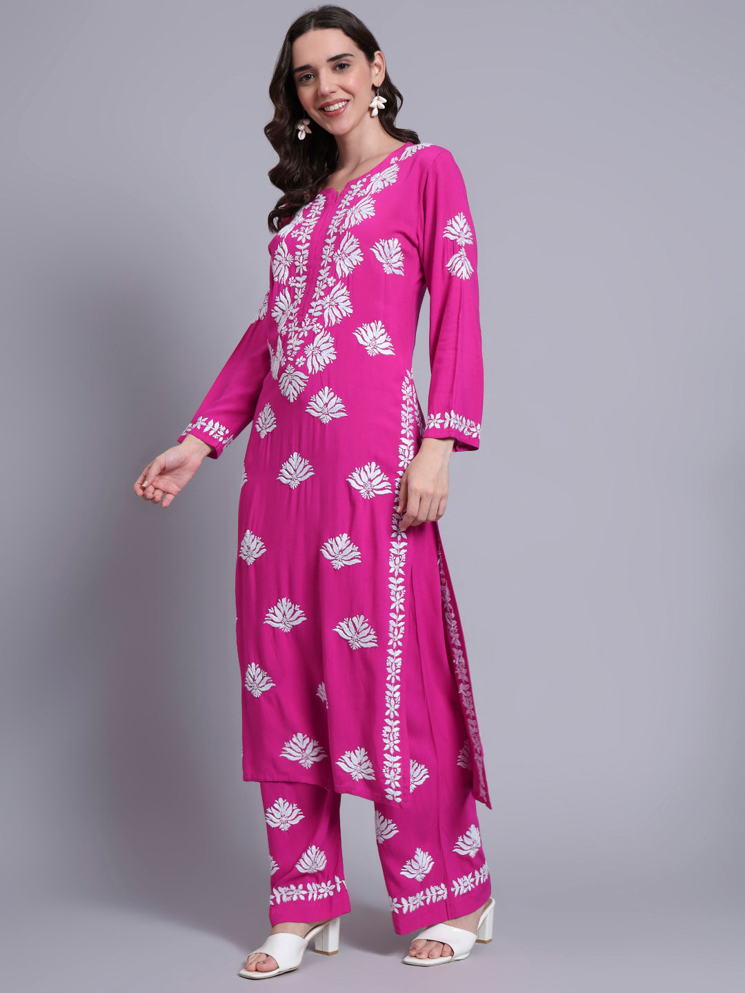 Women Hand Embroidered Chikankari Rayon Kurta Set-AL4084KS Magenta