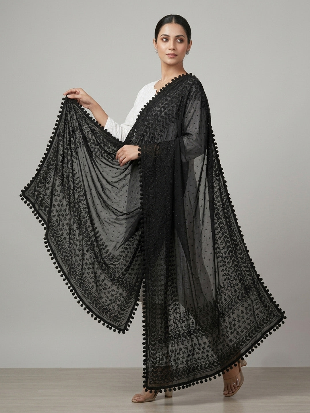 Women Embroidered Georgette Dupatta-AL3721NEW Black