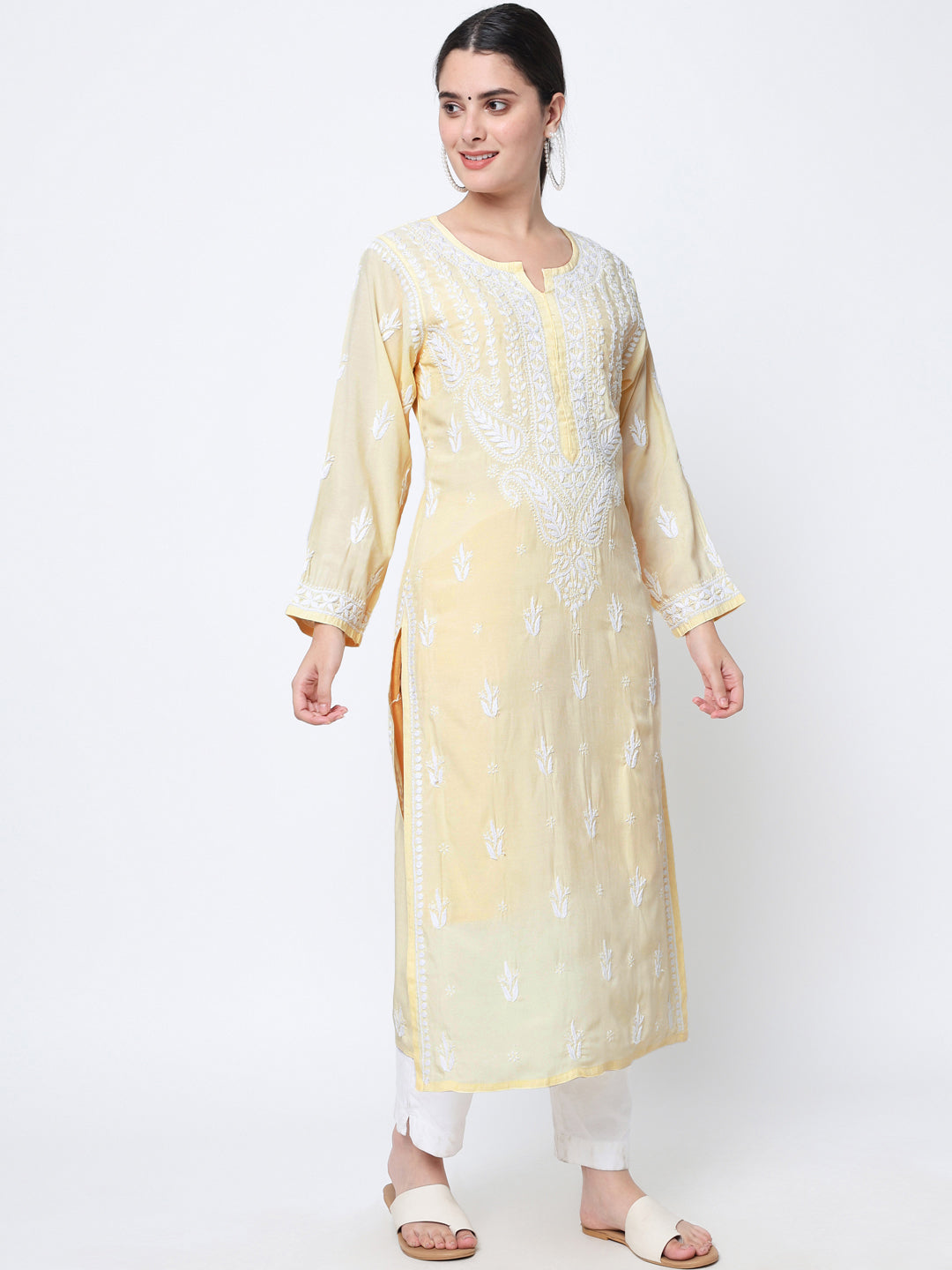 Women Hand Embroidered Chikankari Modal Kurta-AL3584 Yellow