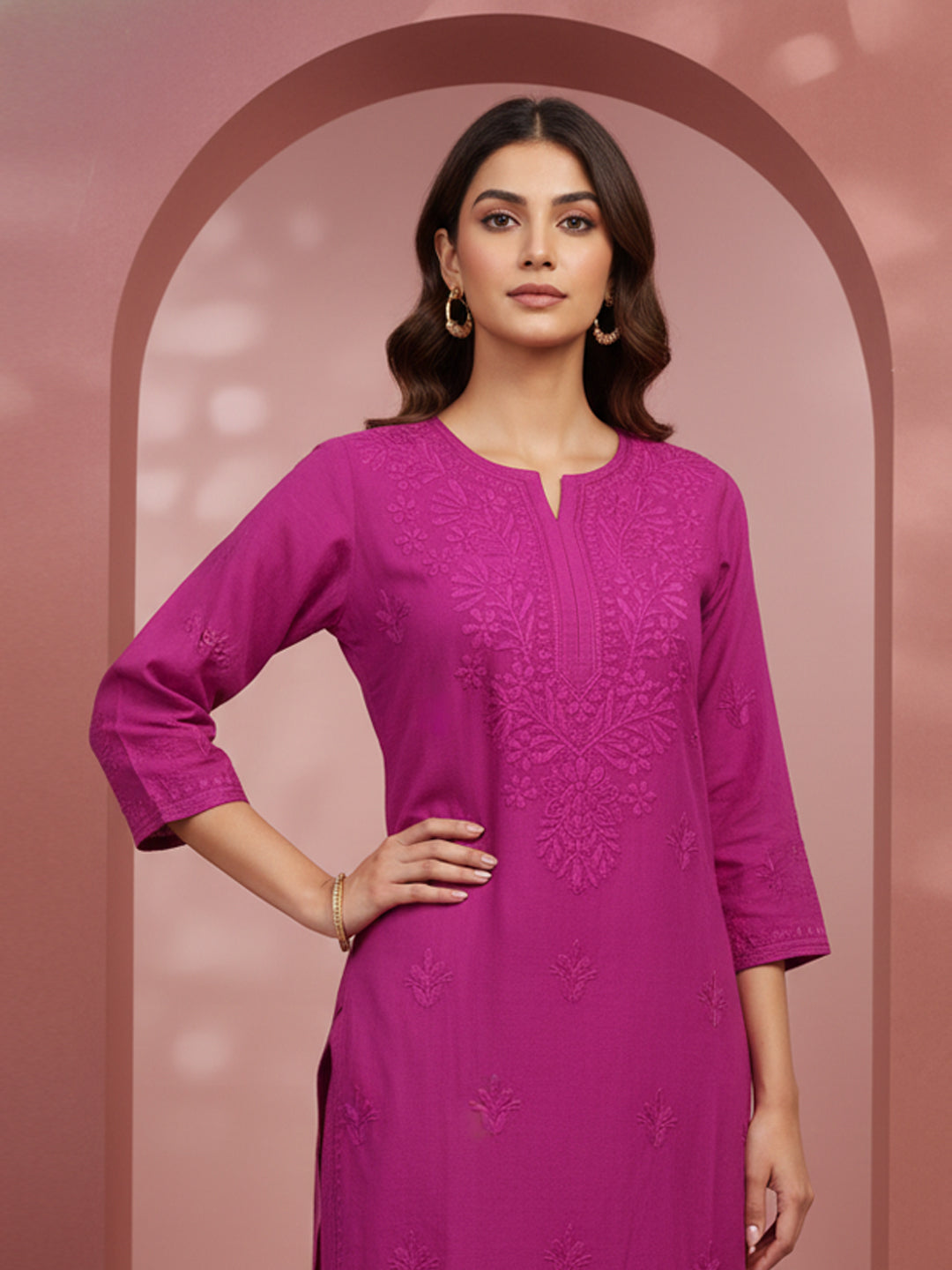 Women Hand Embroidered Chikankari Chanderi Kurta Set-AL4106KS Magenta