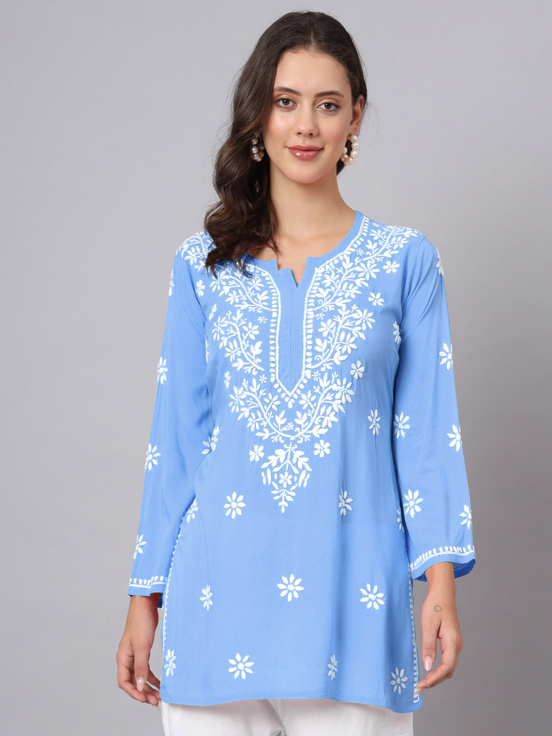 Women Hand Embroidered Modal Chikankari Kurti-AL3611 Powder Blue