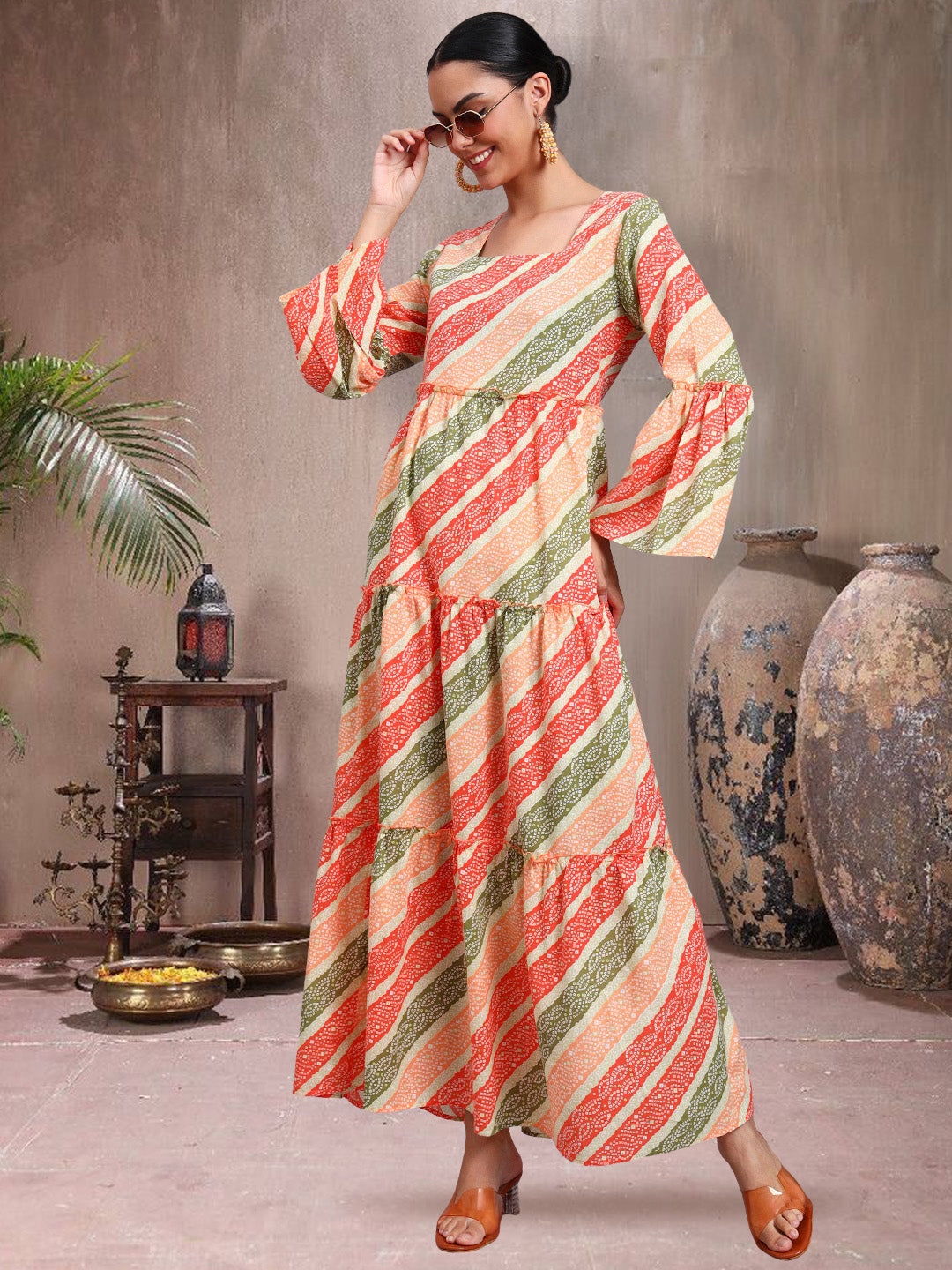 Women Printed Cotton Jalabiya with Bell Sleeves & Square Neckline-AL4050 Orange