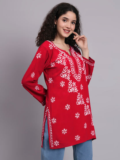Women Hand Embroidered Chikankari Rayon Short Kurti-AL4071 Red