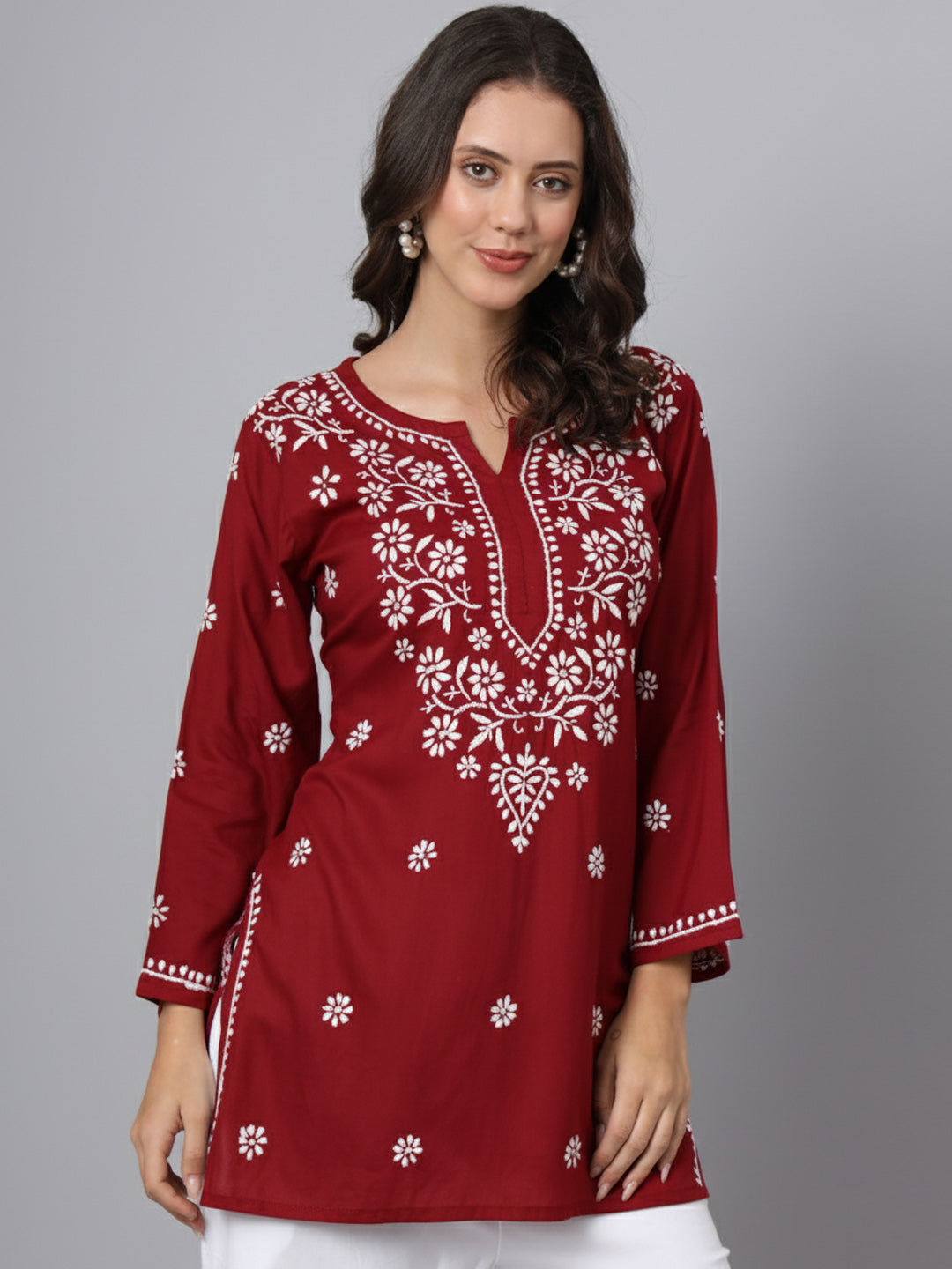 Women Hand Embroidered Modal Chikankari Kurti-AL3611 Maroon